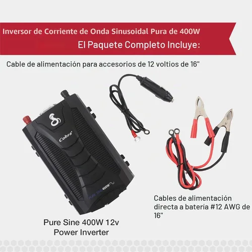 Vista 5 de Inversor de Potencia Cobra PURE SINE de 400W, Portátil – Cargador para Automóvil de 400 Vatios, 2 Enchufes de CA con Conexión a Tierra, 2 Puertos