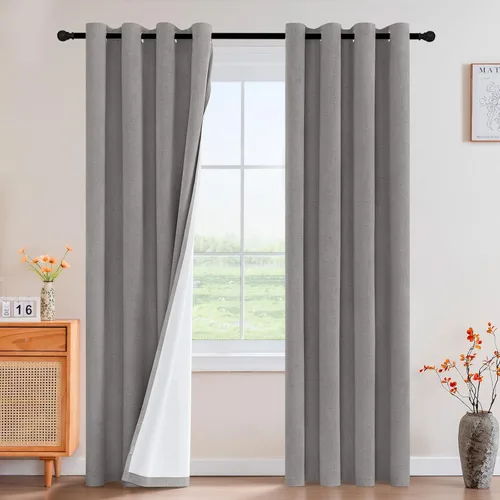 Vista 51 de Cortinas con textura de lino 100% opacas de 64 pulgadas de largo, juego de 2 paneles de cortinas de lino opacas con forro aislante térmico que Arena