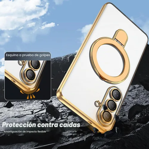 Vista 5 de Funda compatible con Samsung Galaxy S24 Plus con soporte de anillo magnético [compatible con Mag-Safe] protector de lente de cámara chapado Dorado