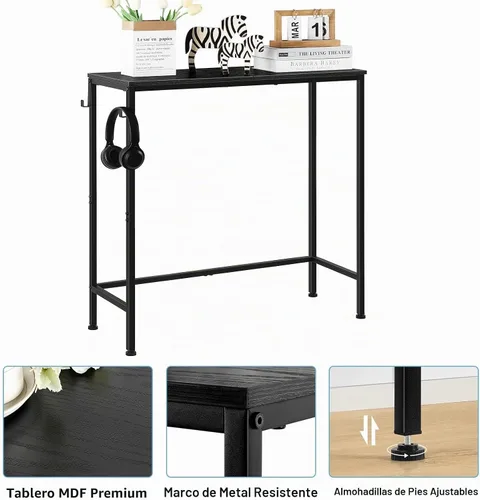 Vista 4 de Mesa de entrada estrecha negra moderna – Mesa de sofá delgada con ganchos para sala de estar, vestíbulo, dormitorio, pasillo, oficina