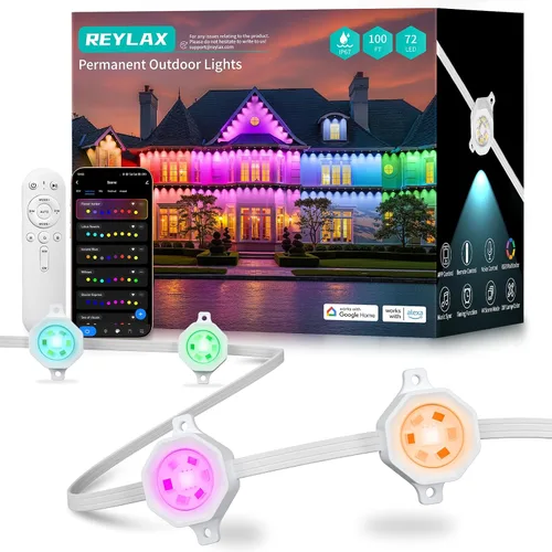 Vista 11 de REYLAX Luces permanentes para exteriores de 100 pies con 60 luces LED, luces de alero RGB+IC, IP67 impermeable, múltiples escenas para decoración