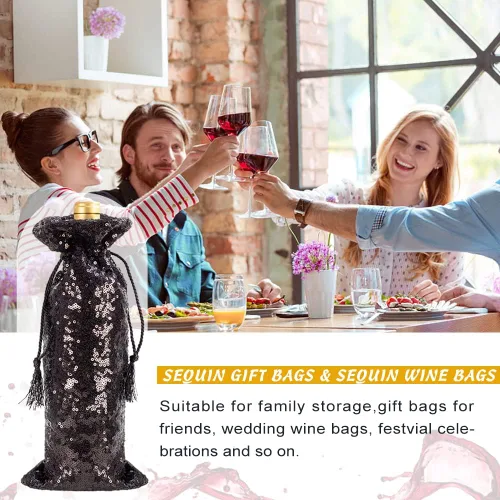 Vista 6 de Eternal Beauty 4 bolsas de vino con cordón, cubierta de botella de lentejuelas para bodas de cumpleaños (14 x 6 pulgadas, negro)