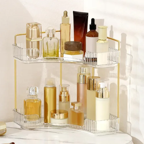 Vista 11 de Organizador de esquina para encimera de baño, estante de baño, organizador de maquillaje para tocador, bandeja de perfume para almacenamiento en Azul