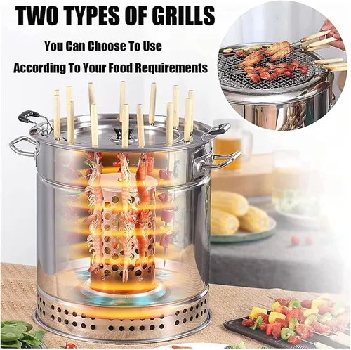 Vista 5 de Parrilla de barbacoa de barril de carbón ahumador, estufa colgante para barbacoa, parrilla de barbacoa de acero inoxidable con 20 pinchos de kabob