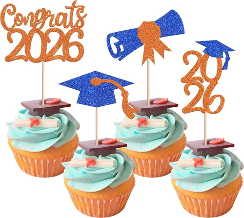 Vista 14 de 30 piezas de decoración para cupcakes de graduación para la clase de 2026 con purpurina brillante para el futuro diploma hecho 2026 Felicidades