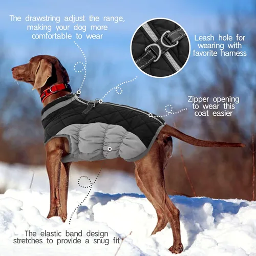 Vista 4 de Abrigo para perro, chaqueta cálida de invierno, acolchada, de vellón, chaleco reflectante con arnés, chaqueta de nieve impermeable con cremallera, a