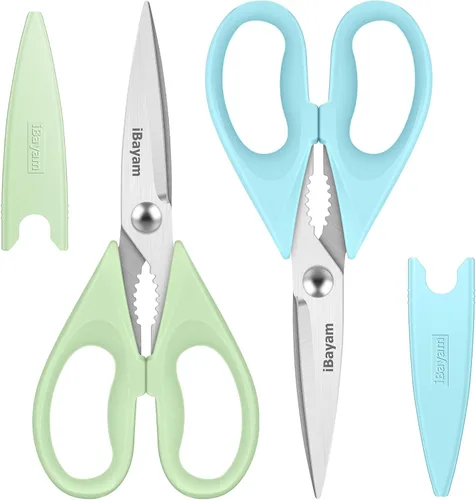 Vista 15 de iBayam Tijeras de cocina multiusos con funda protectora, tijeras de acero inoxidable duraderas, aptas para lavavajillas, mango cómodo de agarre suave