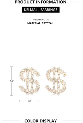 Vista 9 de Aretes de cristal con signo de dólar para mujer, aretes colgantes con declaración de dinero, colección KELMALL