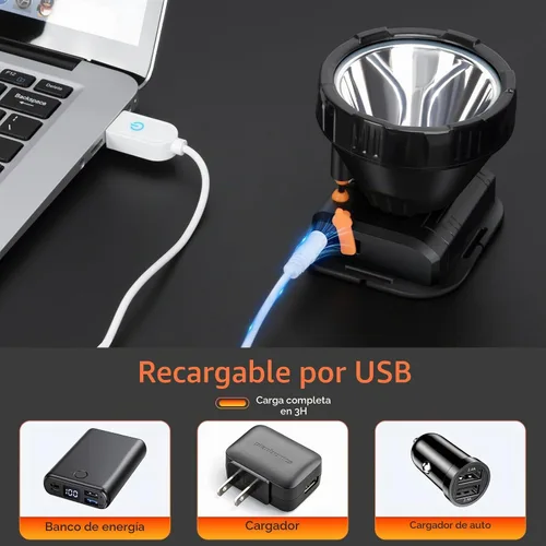 Vista 4 de Linterna frontal recargable - Foco súper brillante con 2 modos - Linterna LED frontal para camping, pesca, senderismo