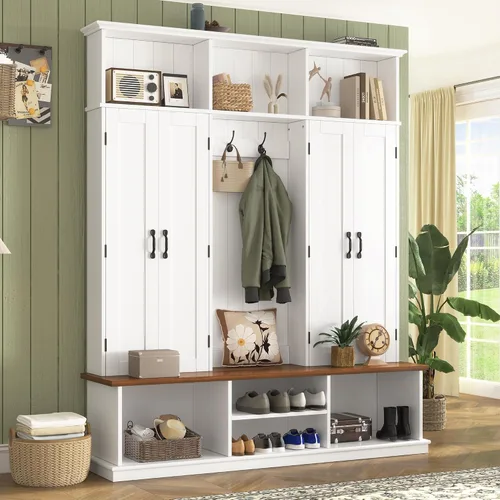 Vista 24 de JIVOIT Farmhouse Wood Hall Tree with Coat Hooks, Cabinets, 4 Drawers, Hooks (Ancient White/ 091)