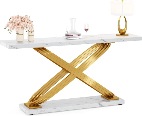 Vista 9 de Tribesigns Mesa consola dorada de 55 pulgadas, moderna mesa de entrada de mármol sintético con base geométrica de metal, mesa de sofá larga