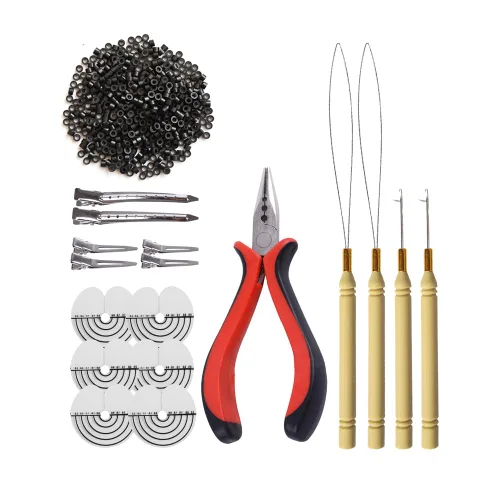 Vista 20 de Alicates de pelo de tres agujeros + aguja de gancho micro tirador + aguja enhebradora de bucle para extensiones de cabello