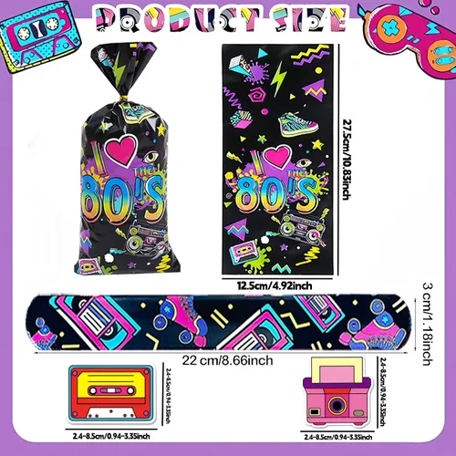 Vista 3 de CHSLtmxq 122 PCS Decoraciones de Fiesta de los Años 80, Set de Suministros de Favores de Fiesta Temática de los Años 90, Pulseras Slap y Llaveros