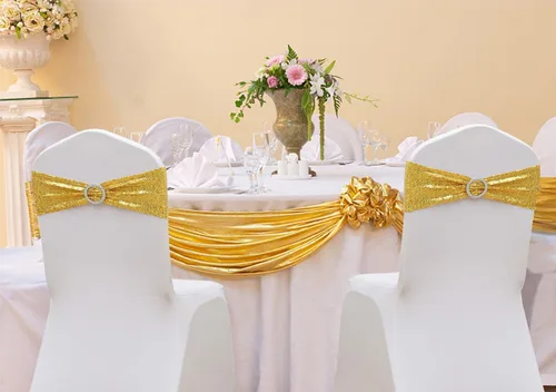 Vista 2 de Bandas de silla doradas totalmente cubiertas de lentejuelas brillantes para bodas, bandas de silla con purpurina brillante y lazos para decoraciones