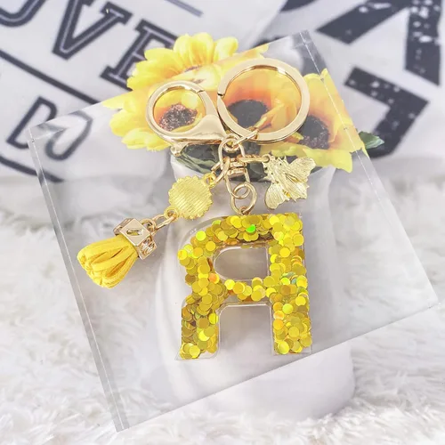 Vista 4 de LAXPICOL Llavero dorado de la letra A-Z para mujer, monedero, bolsos, miel, abeja, lentejuelas doradas, letras iniciales del alfabeto