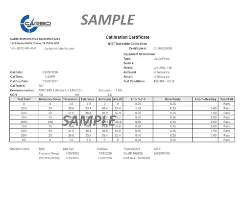 Vista 2 de Medidor de presión de vacío lleno de líquido Carbo de 0 a -30 inHg con certificado rastreable NIST, calibrado en laboratorio de EE. UU., Dial de 2.5