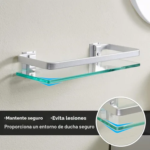 Vista 6 de Baño estante de vidrio Kes con riel de aluminio y extra grueso vidrio templado, estantería de ducha rectangular estilo contemporáneo soporte