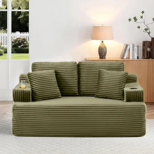 Vista 43 de Sofá sin hueso de 66.5 pulgadas con portavasos y bolsillos laterales, sofá biplaza tapizado de tela de pana moderna con 2 almohadas para sala