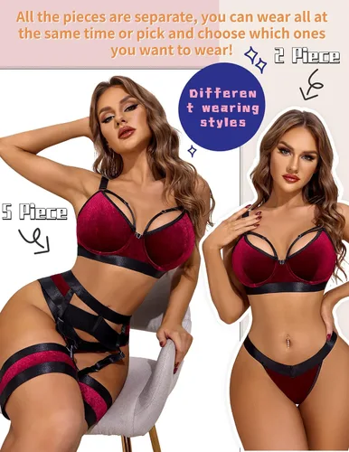 Vista 4 de Avidlove Lencería sexy para mujer con tiras con aros push up de 5 piezas con liga