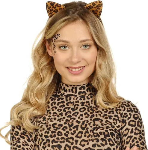 Vista 3 de Funcredible Diadema con orejas de guepardo y tatuajes metálicos para la cara, juego de accesorios para disfraz de leopardo y Halloween para adultos
