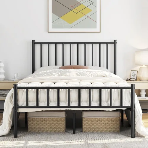 Vista 12 de Topeakmart Marco de cama de metal de tamaño matrimonial con cabecero y Blanco