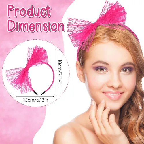 Vista 2 de Neon Lace Bow Headband, Elastic Women's 1980s Neon Lace Headband 1980s Cosplay Hair Accessories for Women
