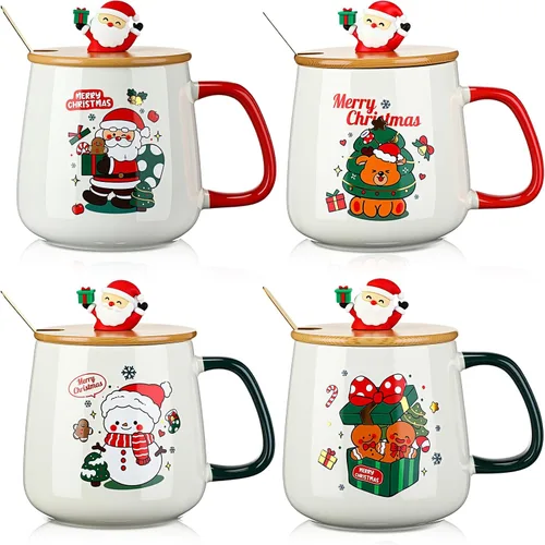 Vista 8 de Yaomiao 4 Tazas de Navidad con Tapa de Gorro de Santa y Cuchara 16 oz Taza de Café de Cerámica Linda de Navidad Árbol Festivo Campana Santa Muñeco