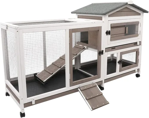 Vista 14 de Gowoodhut Conejera de 38.19 pulgadas de largo para interiores y exteriores con 4 ruedas, jaula de madera para conejo con bandeja extraíble a prueba