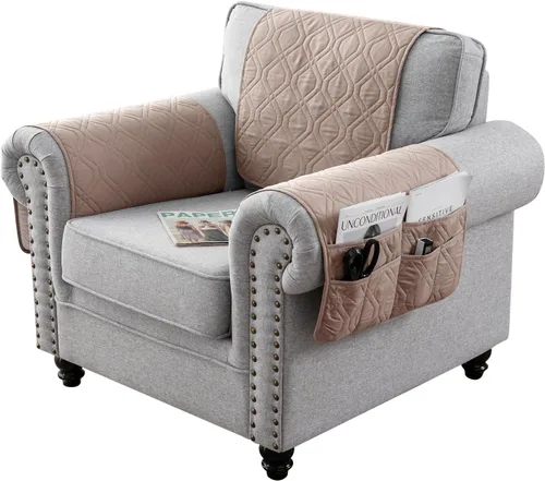 Vista 17 de Juego de 3 fundas impermeables para sofá reclinable, funda para reposabrazos y reposacabezas con 6 bolsillos de almacenamiento, protector acolchado
