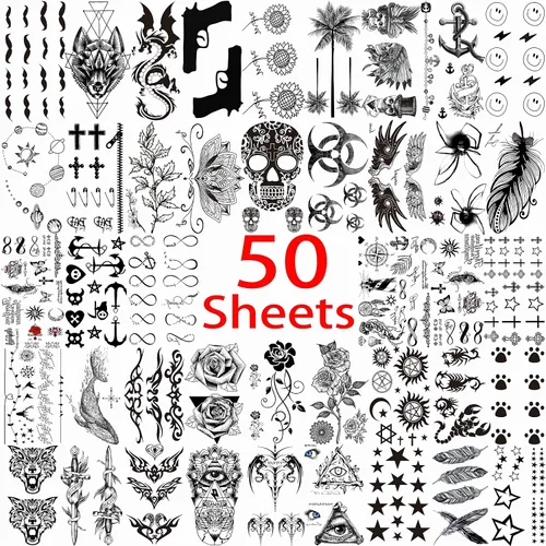 Vista 3 de VANTATY 50 hojas de tatuajes temporales negros para hombres y adultos, animales de lobo león dragón, falsos pequeños tatuajes temporales