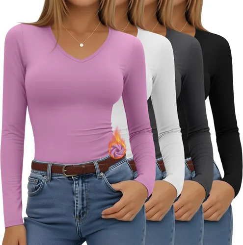 Vista 12 de Paquete de 4 camisas térmicas de manga larga para mujer, con forro polar, cuello en V, ropa interior ajustada, capa base, básica, tops cálidos