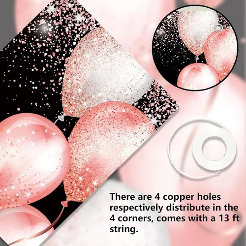 Vista 7 de Cartel de feliz cumpleaños décimo oro rosa, telón de fondo, saludos a 10 años, globos de confeti, decoración temática para niñas de 10 años