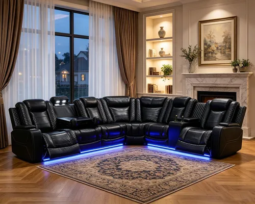 Vista 11 de Juego de sofá modular reclinable eléctrico para sala de estar, sofá modular reclinable de cuero con mesa auxiliar, soporte para tazas, consola