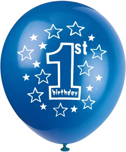 Vista 2 de SHUNTAI - Globos de 1er cumpleaños, color azul, 15 piezas de 12 pulgadas Decoraciones de fiesta de primer cumpleaños, confeti dorado, látex, temas