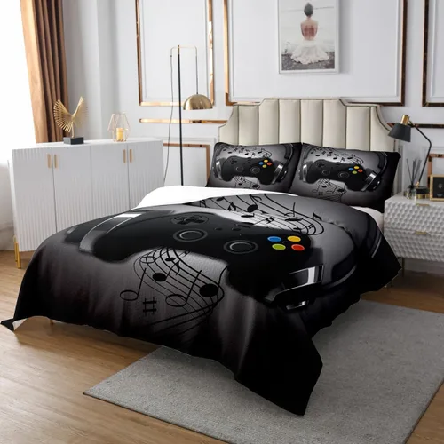 Vista 3 de Juego de ropa de cama de videojuegos con auriculares negros y grises con diseño de notas musicales con control de videojuegos para niños y niños