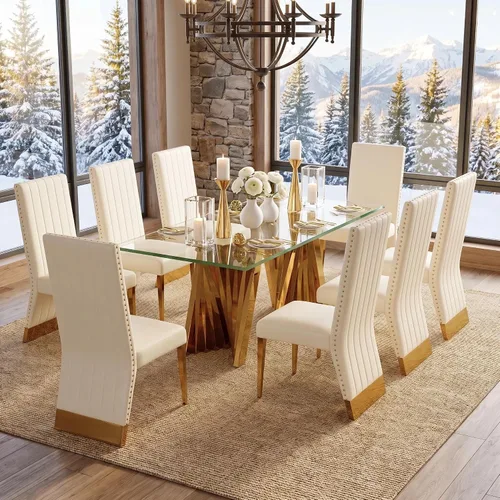 Vista 13 de Juego de mesa de comedor de 5 piezas, juego de mesa de comedor para 4, mesa de comedor de vidrio transparente con 4 sillas de comedor tapizadas