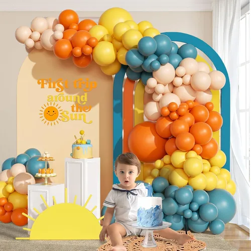 Vista 5 de Kit de arco de guirnalda de globos «Here Comes the Sun» de 151 piezas, estilo bohemio, retro, azul pizarra polvorienta, naranja quemado, naranja