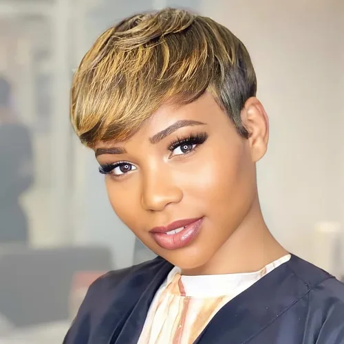Vista 27 de Peluca de cabello humano con corte Pixie para mujeres negras, 100% cabello humano real, peluca corta y recta sin pegamento con flequillo, hecha a