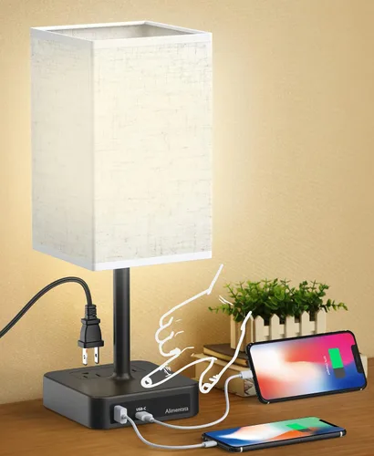 Vista 9 de Lámpara de mesa de noche con control táctil y puertos de carga USB C+A, lámpara de escritorio LED con 2 salidas de CA, luz minimalista para mesita