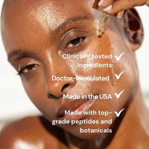 Vista 5 de KOA Life GHK Peptide Daily Ultra-Hidratante, Aceite Facial Antienvejecimiento. En una botella cuentagotas de vidrio de cobre metálico y cartón