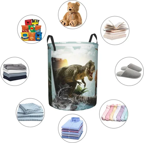 Vista 6 de Cesta de lavandería de dinosaurio 3D con asa duradera, impermeable, plegable, cesta de almacenamiento de ropa sucia circular para baño, dormitorio