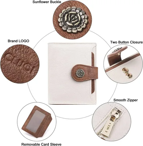 Vista 5 de CLUCI - Carteras pequeñas para mujer, color beige con marrón Bloqueo RFID, cuero, compacto triple, tarjetero con ventana de identificación