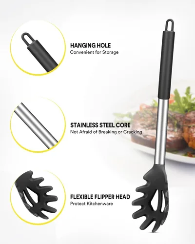 Vista 3 de Juego de tenedor de silicona para pasta y cucharón de sopa, antiadherente, sin BPA, resistente al calor, prácticos utensilios de cocina