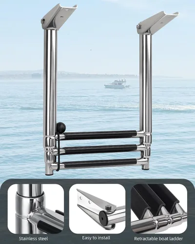 Vista 8 de Escalera telescópica para barco de 3 escalones, acero inoxidable 316 de grado marino, capacidad de 900 libras, peldaños antideslizantes y pasamanos