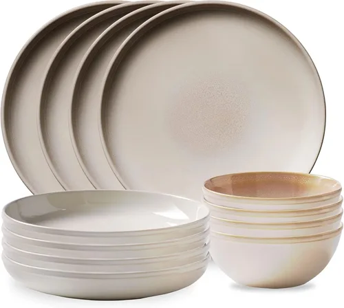 Vista 9 de Corelle Juego de vajilla de gres, platos y cuencos de cerámica esmaltada sólida y reactiva hecha a mano, platos redondos de estilo rústico moderno