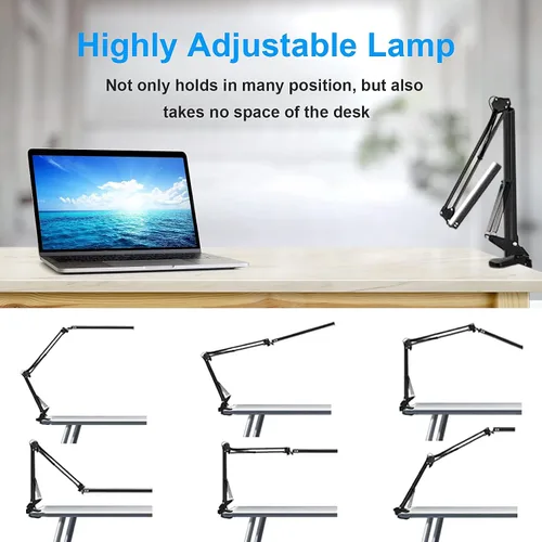 Vista 3 de Lámpara de escritorio LED para el hogar, oficina, lectura, luz de escritorio ajustable con abrazadera, lámpara de brazo oscilante incluye 3 modos