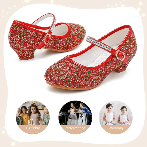 Vista 7 de Motasha Zapatos de vestir para niñas pequeñas, zapatos de princesa con flores, tacones bajos, fiesta, boda, para niños pequeños y grandes