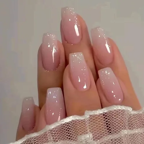 Vista 10 de MISUD Uñas postizas largas con diseño de ataúd con oro negro, diseño acrílico de copo de nieve con purpurina, 24 piezas