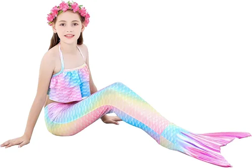 Vista 5 de zocapuy Traje de baño de cola de sirena para niñas y niños, disfraz de princesa, traje de baño para fiesta (sin monoaleta)