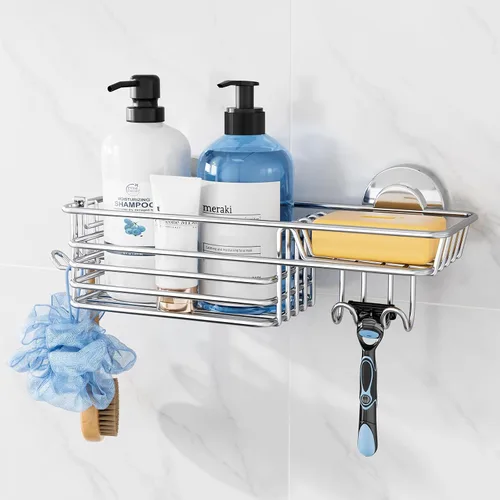 Vista 15 de TAILI Organizador de ducha de esquina con ventosas, organizador de pared montado, estante de plástico para baños pequeños, cocina, cesta de estante